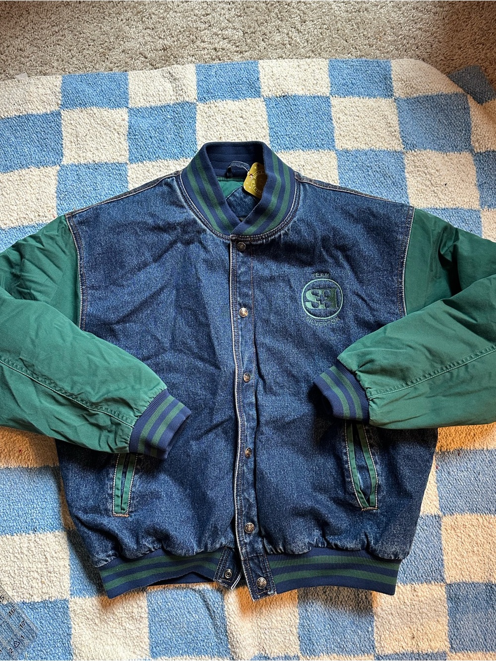 Men's Green & Denim Bomber Jacket - Casual Varsity Style